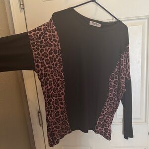 Black Long Sleeve Top with Pink Leopard Panels